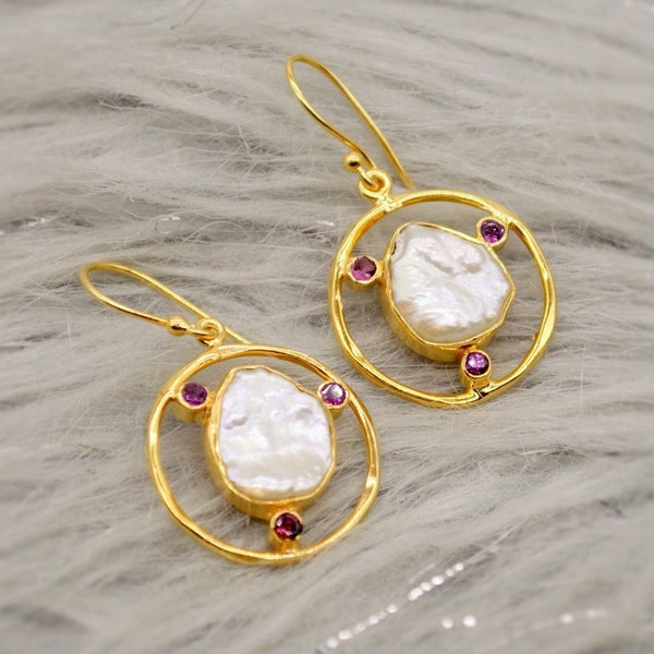 Perle Rhodolith Granat Gold Ohrringe: Sterling Silber Tropfen, Januar Juni Geburtsstein