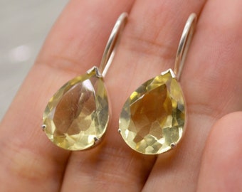 Lemon Quartz Teardrop Earrings: Sterling Silver Gold Dangle, Yellow Gemstone Jewelry