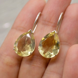 Lemon Quartz Teardrop Ohrringe: Sterling Silber Gold baumeln, Schmuck Gelber Edelstein
