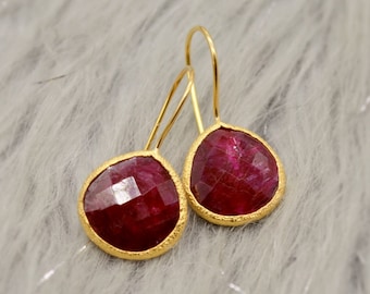 Dyed Red Ruby Dangle Earrings: Gold Plated Sterling Silver, July Birthstone