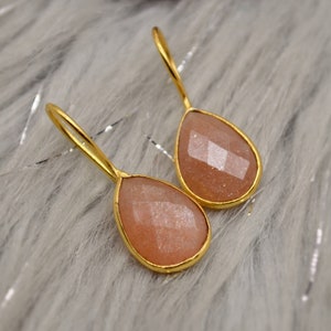 Peach Moonstone Sterling Silver Dangle Earrings: Gold Plated Gemstone Jewelry