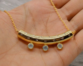 Aqua Chalcedony Gold Pendant Necklace: Gold Plated Sterling Silver Chain, Blue Gemstone Jewelry