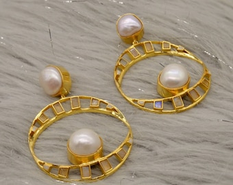 Pearl Rainbow Moonstone Gold Earrings: Sterling Silver, June Birthstone, Round Gemstone Jewelry