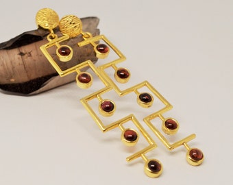 Boucles d'oreilles en or grenat rouge : argent sterling, pierre de naissance de janvier, goutte de pierre précieuse longue