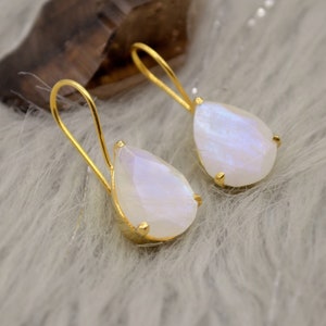 Rainbow Moonstone Gold Drop Earrings: Sterling Silver, June Birthstone Teardrop