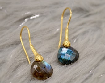 Labradorite Dangle Silver Earrings: Gold Plated Handmade Gemstone Drop