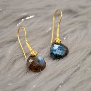 Labradorite Dangle Silver Earrings: Gold Plated Handmade Gemstone Drop