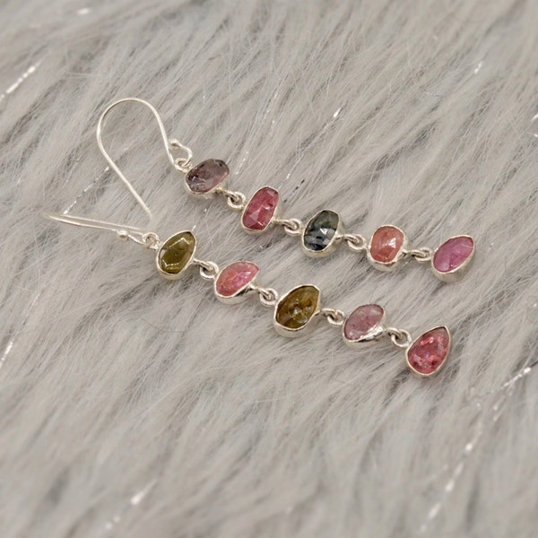 Boucles d'oreilles en tourmaline mélangée, Argent sterling tourmaline rose verte, Argent 925, Boucles d'oreilles pendantes, Pierre de naissance en octobre, Cadeau pour elle