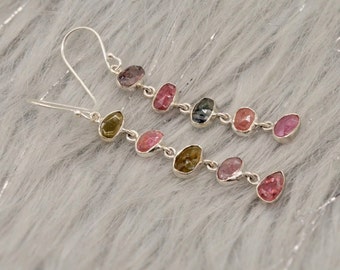 Mixed Tourmaline Earrings, Green Pink Tourmaline Sterling Silver, 925 Silver, Dangle Earrings, October Birthstone, Gift For Her