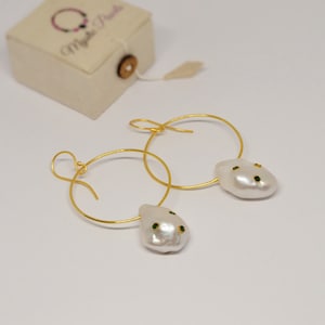 Baroque Pearl Gold Hoop Earrings, June Birthstone, White Gemstone Dangle Silver Earrings, Pearl Jewelry, Gifts For Her