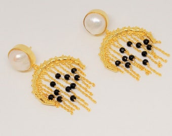 Black Onyx, Pearl Gold Drop Earrings, June Birthstone, Handmade Beaded Unique Statement Chandelier Earrings, Dangle Earrings, Gifts For Her
