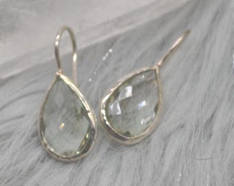 Green Amethyst Earrings: Teardrop, Sterling Silver, Handmade Jewelry, February Birthstone