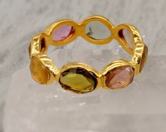 Gold Plated Tourmaline Ring: Raw Pink Green Gemstone Stacking Ring, October Birthstone