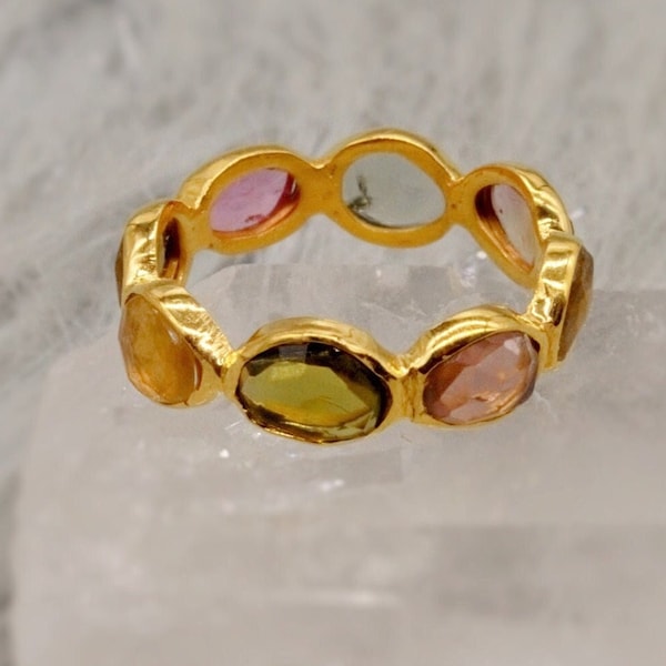 Gold Plated Tourmaline Ring: Raw Pink Green Gemstone Stacking Ring, October Birthstone