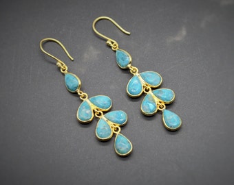 Pendientes de plata con turquesa azul: Plata de ley bañada en oro, piedra de nacimiento de diciembre, joyería con piedras preciosas.