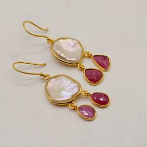 Mother of Pearl, Ruby Drop Earrings: Gold Plated Sterling Silver, June July Birthstone