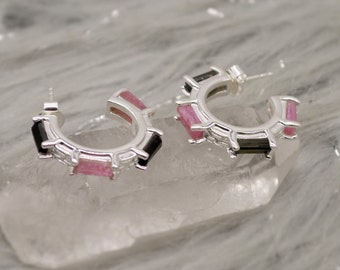 Pink, Black Tourmaline Earrings, Tourmaline Jewelry, October Birthstone Earrings, Handmade Sterling Silver Hoop Earrings, Unique Gemstone