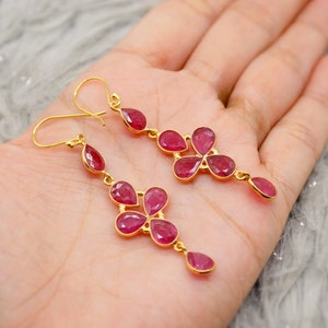 Red Ruby Earrings: Gold Plated Sterling Silver, Dangle Drop, July Birthstone