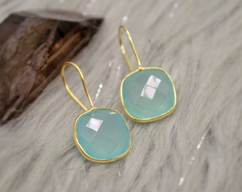 Aqua Chalcedon Ohrringe: Silber oder Gold, baumelnder Tropfen, blauer Edelstein