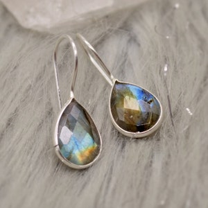 Labradorite Dangle Silver Earrings: Handmade Teardrop Gemstone Jewelry