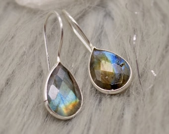 Labradorite Earrings: Dangle Drop, Silver or Gold, Teardrop, Handmade Blue Gemstone Jewelry
