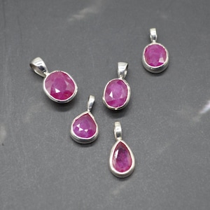 Sterling Silver Ruby Pendant: July Birthstone, Chain Necklace, Red Gemstone, Oval or Teardrop