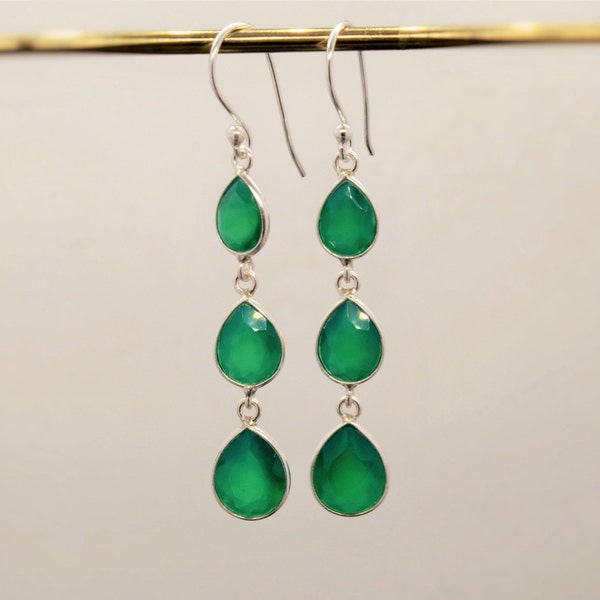 Green Onyx Sterling Silver Drop Earrings, Green Gemstone Dangle Earrings, Unique Statement Earrings, Bridesmaid Gift, Birthday Gifts For Her