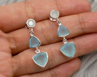 Aqua Chalcedony Dangle Earrings: Silver or Gold Drop, Blue Gemstone Jewelry