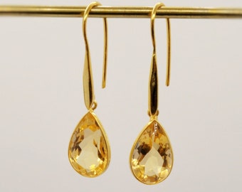 Citrine Gold Earrings, November Birthstone, Dainty Teardrop Gemstone Earrings, Unique Dangle, Birthday Gifts For Her