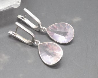 Orecchini Lunghi A Goccia In Quarzo Rosa Sfaccettato Qualità AA - Argento 925 3,5 Cm