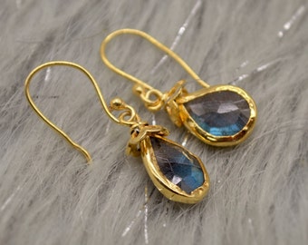 Labradorite Dangle Silver Earrings, Gold Plated Sterling Silver, Handmade Gemstone Earrings, Labradorite Stone Jewelry, Gift For Her