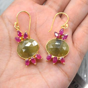 Green Sapphire, Red Ruby Gold Earrings: Sterling Silver, Oval, Dangle Drop, September, July Birthstone