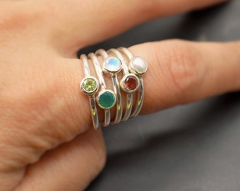 Sterling Silver Stackable Ring, Amethyst, Peridot, Pearl, Moonstone, Garnet, Green Onyx Dainty Ring, Birthstone Gemstone Rings