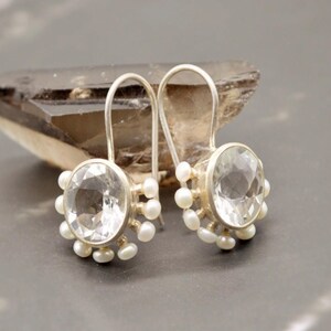 Clear Quartz Pearl Earrings: Sterling Silver, June Birthstone Dangle Drop, Vintage Gemstone image 2