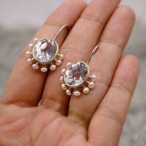 Clear Quartz Pearl Earrings: Sterling Silver, June Birthstone Dangle Drop, Vintage Gemstone image 7
