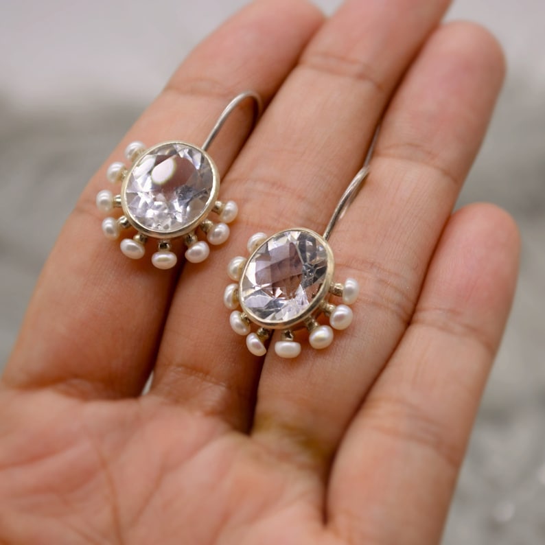 Clear Quartz Pearl Earrings: Sterling Silver, June Birthstone Dangle Drop, Vintage Gemstone image 7