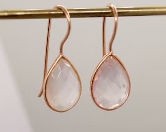 Rose Quartz Rose Gold Teardrop Earrings: Sterling Silver Dangle