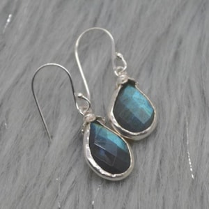 Labradorite Dangle Silver Earrings: Gold Plated, Handmade Teardrop Gemstone