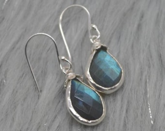 Labradorite Earrings: Silver or Gold Plated, Dangle Drop, Handmade Teardrop Gemstone