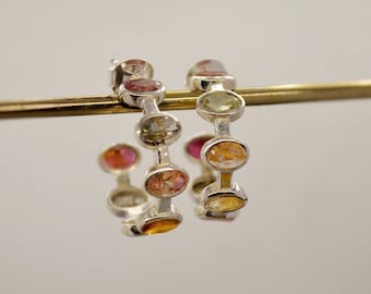 Pink Green Tourmaline Silver Hoop Earrings, Tourmaline Jewelry, October Birthstone Earrings, Minimalist Earrings, Unique Gifts For Her