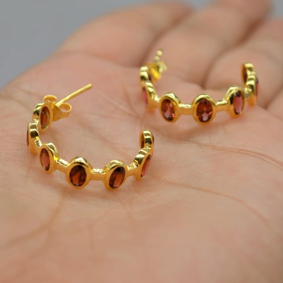 Red Garnet Gold Hoop Earrings: Sterling Silver, January Birthstone Huggies