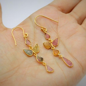 Pink Tourmaline Earrings: Dangle Drop, October Birthstone, Gold Plated Sterling Silver, Floral Gemstone Jewelry