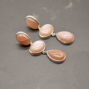 Peach Moonstone Silver Earrings: Dangle Drop Gemstone Jewelry