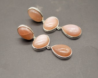Peach Moonstone Silver Earrings: Dangle Drop Gemstone Jewelry