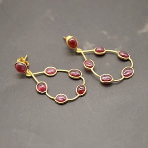 Gold Ruby Hoop Earrings, Cute Dainty Drop Earrings, Indian Wedding Jewelry, Minimalist July Birthstone Earrings