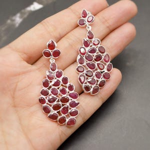 Red Ruby Dangle Earrings: Gold Plated Sterling Silver, July Birthstone
