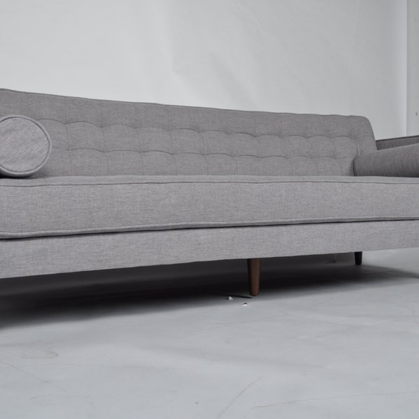 Mid Century Modern Sofa Gray Quality Details with Walnut Legs