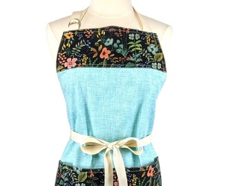 Vivian Flower Garden Apron for Women, Chef Apron with Flowers, Rifle Paper Co Flower fabric, Charming Turquoise Apron, Baking Apron