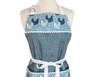 Charming Farmhouse Chicken Apron for Women, Cotton Canvas Durable Apron, Designer Spoonflower Fabric in Yoke and Pocket