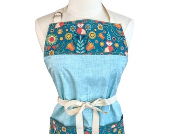 Scandinavian Folk Art Fox Apron, Cute Bird and Fox Apron for Women, Durable Chef Size Apron, Great Gift Apron